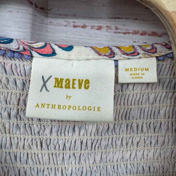 Maeve Anthropologie Shirt Womens Medium Smocked Cropped Blouse Bell Sleeve Swirl - Picture 8 of 13